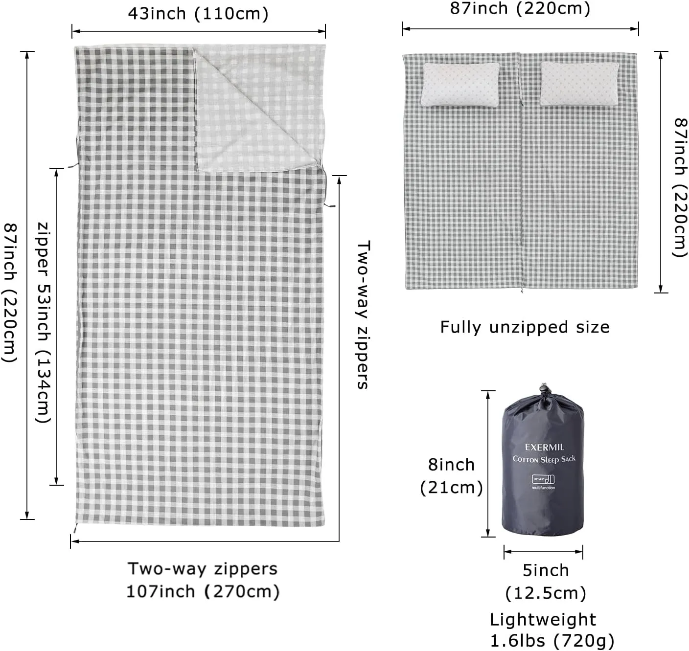 100% Cotton Sleeping Bag Liner with Full Length Zipper on 3 Sides; Single/Double Adult Sleep Sack for Travel & Camping, Multifunctional Travel Sheets (Unzipped 87”x87”) for Hotel, Lightweight