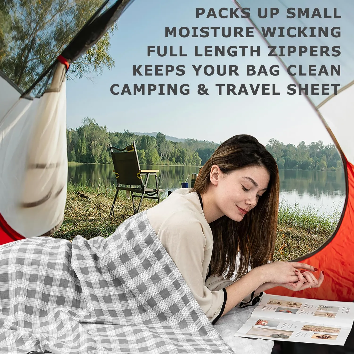 100% Cotton Sleeping Bag Liner with Full Length Zipper on 3 Sides; Single/Double Adult Sleep Sack for Travel & Camping, Multifunctional Travel Sheets (Unzipped 87”x87”) for Hotel, Lightweight