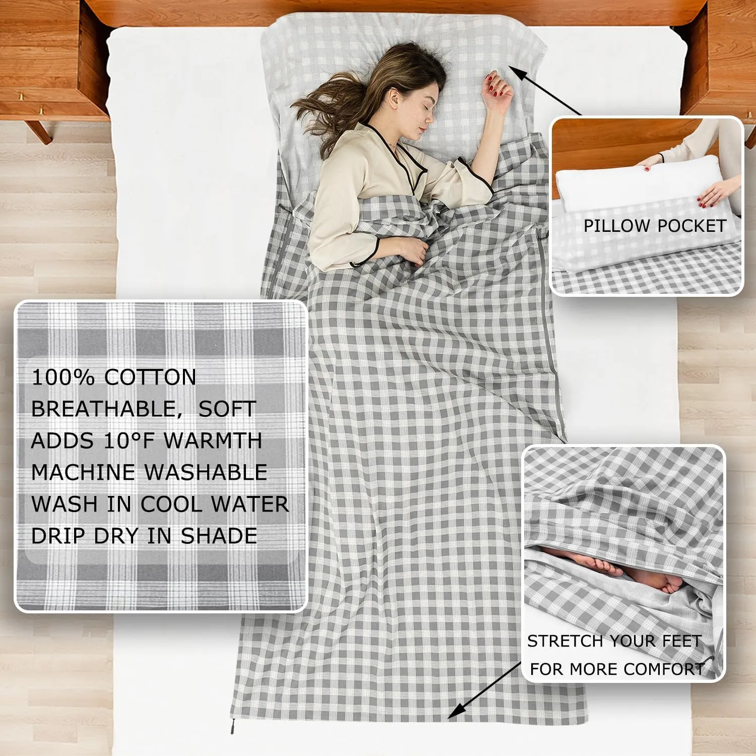 100% Cotton Sleeping Bag Liner with Full Length Zipper on 3 Sides; Single/Double Adult Sleep Sack for Travel & Camping, Multifunctional Travel Sheets (Unzipped 87”x87”) for Hotel, Lightweight