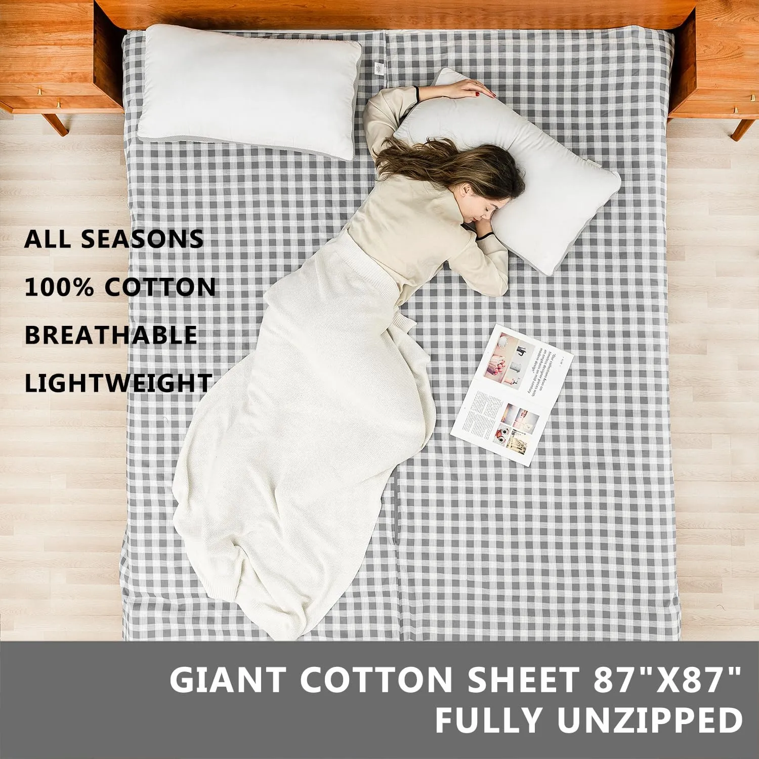 100% Cotton Sleeping Bag Liner with Full Length Zipper on 3 Sides; Single/Double Adult Sleep Sack for Travel & Camping, Multifunctional Travel Sheets (Unzipped 87”x87”) for Hotel, Lightweight