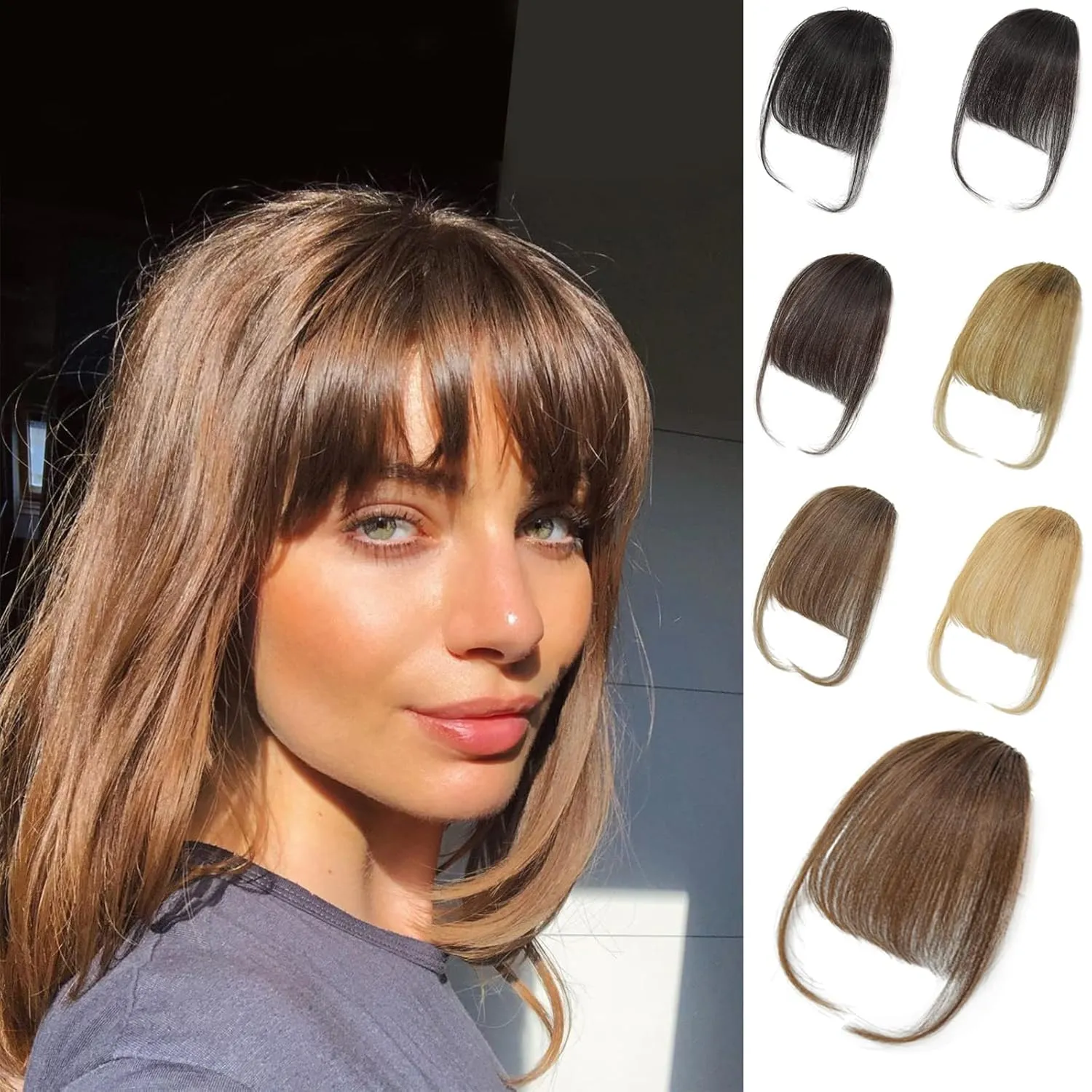 100% Human Hair Clip in Bangs,Women Air Thinning Curtain Flat Human Hair Extensions Faux Natural Curved Wispy Brownish red Bangs