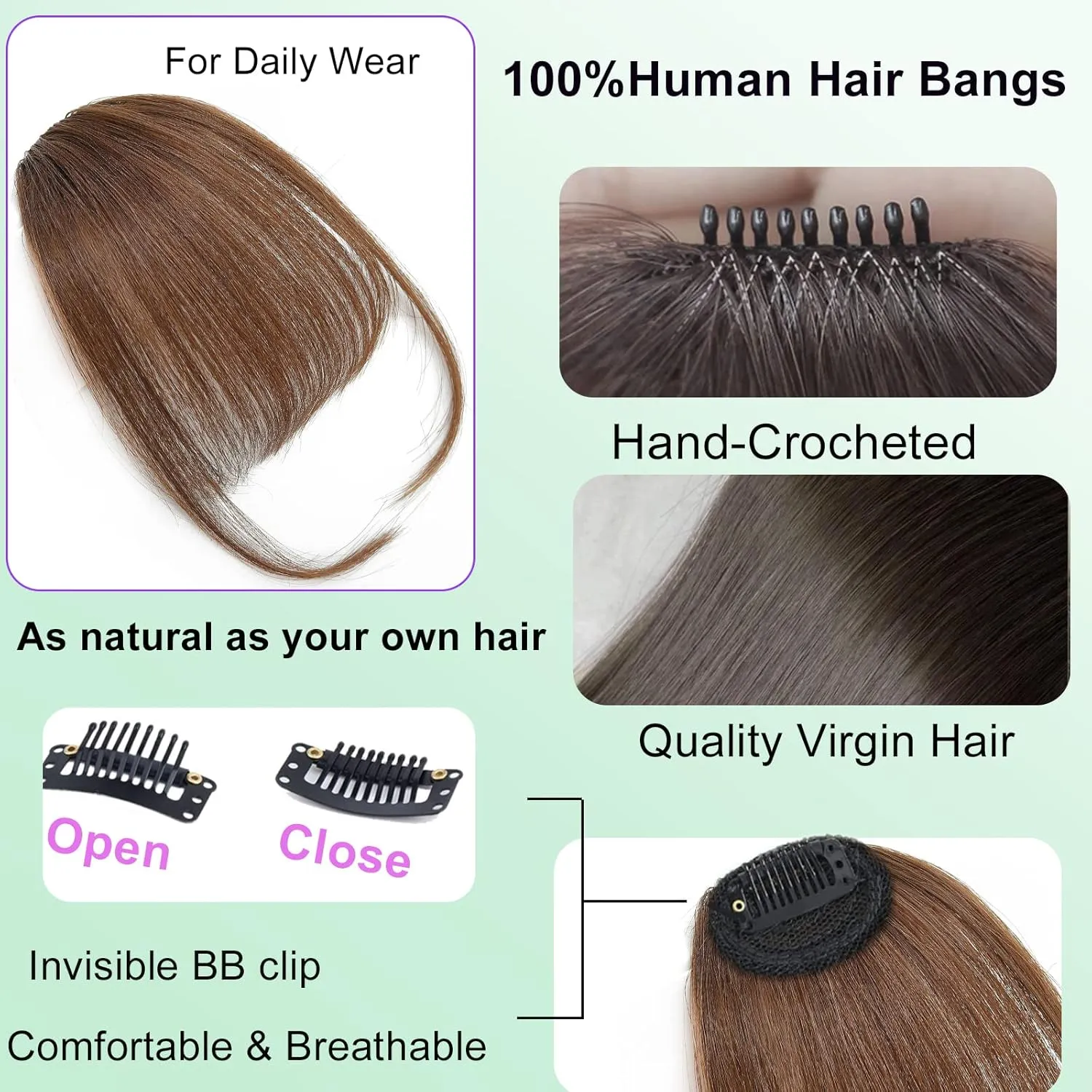100% Human Hair Clip in Bangs,Women Air Thinning Curtain Flat Human Hair Extensions Faux Natural Curved Wispy Brownish red Bangs