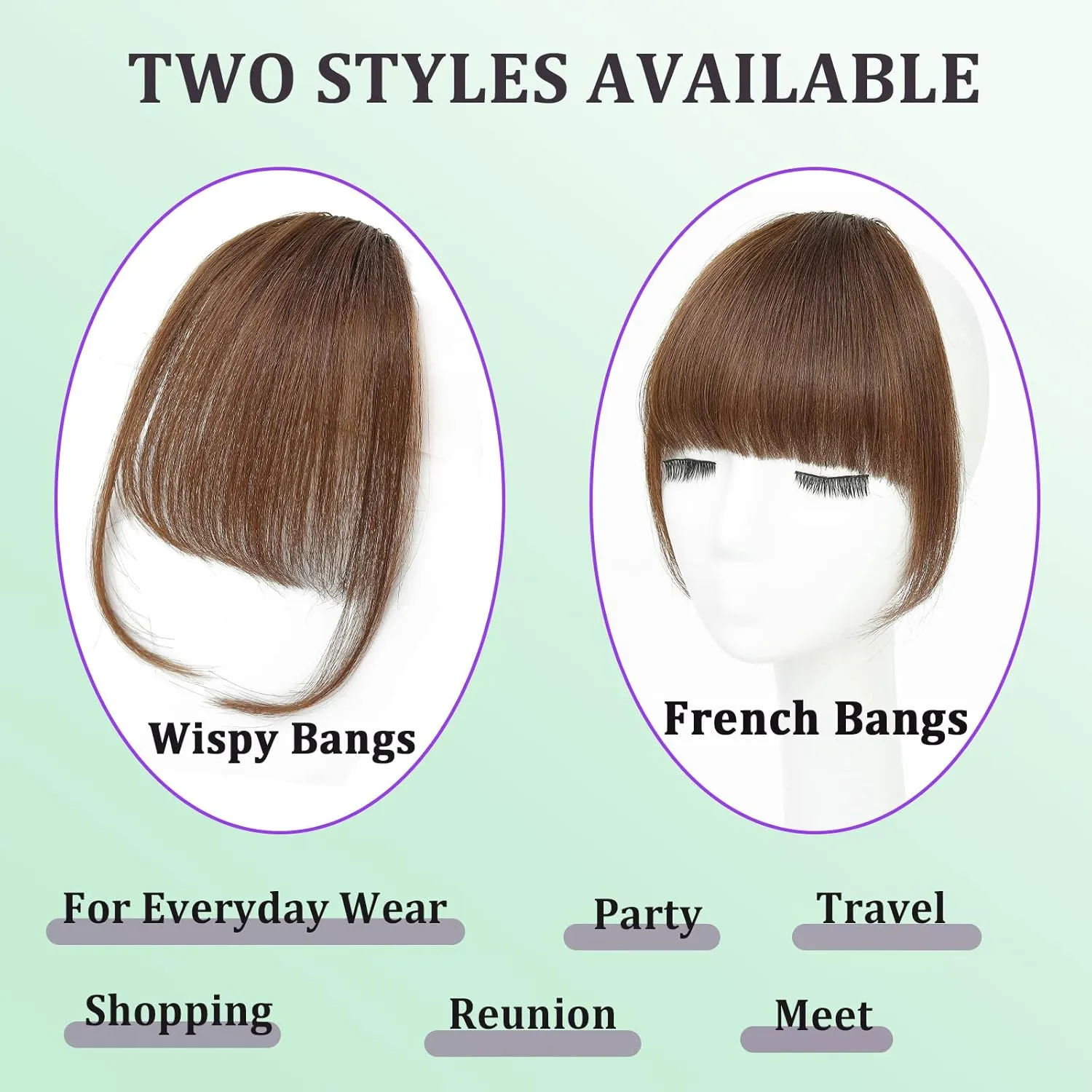 100% Human Hair Clip in Bangs,Women Air Thinning Curtain Flat Human Hair Extensions Faux Natural Curved Wispy Brownish red Bangs