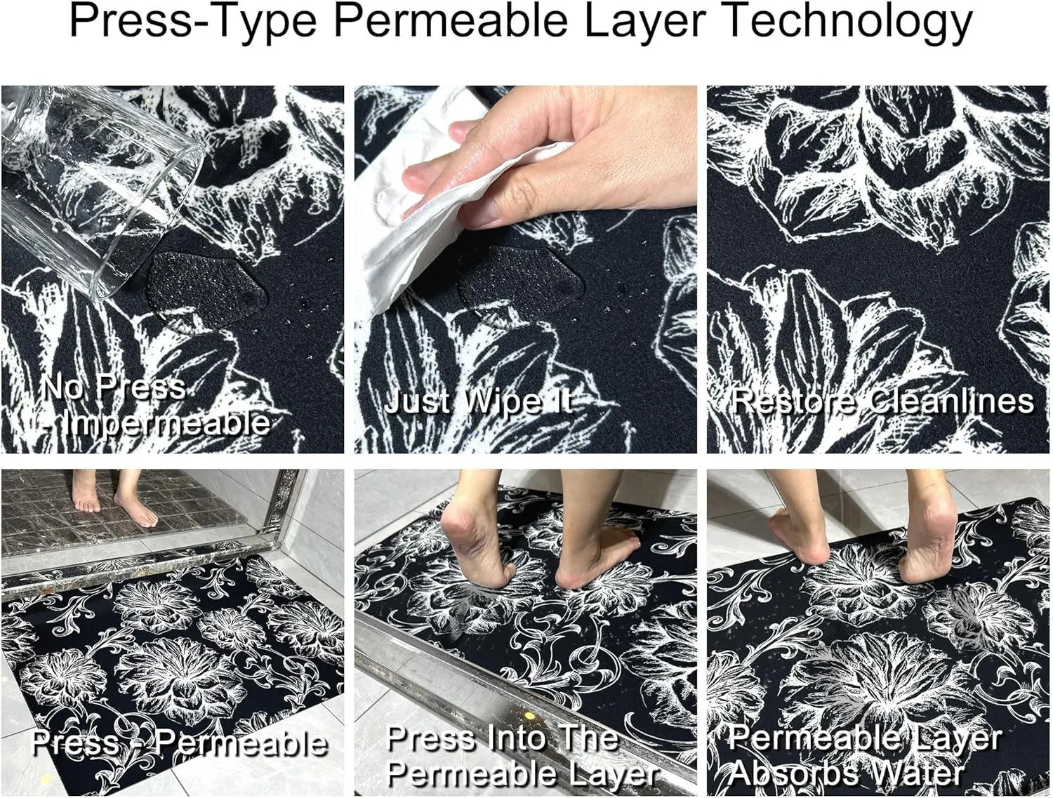 1/10 Inch Ultra Thin 24"×35" Large Front Door Mat Indoor Entrance Inside Non Slip, Waterproof Rubber Kitchen Mat and Interior Home Washable Door Mat, Baroque Black