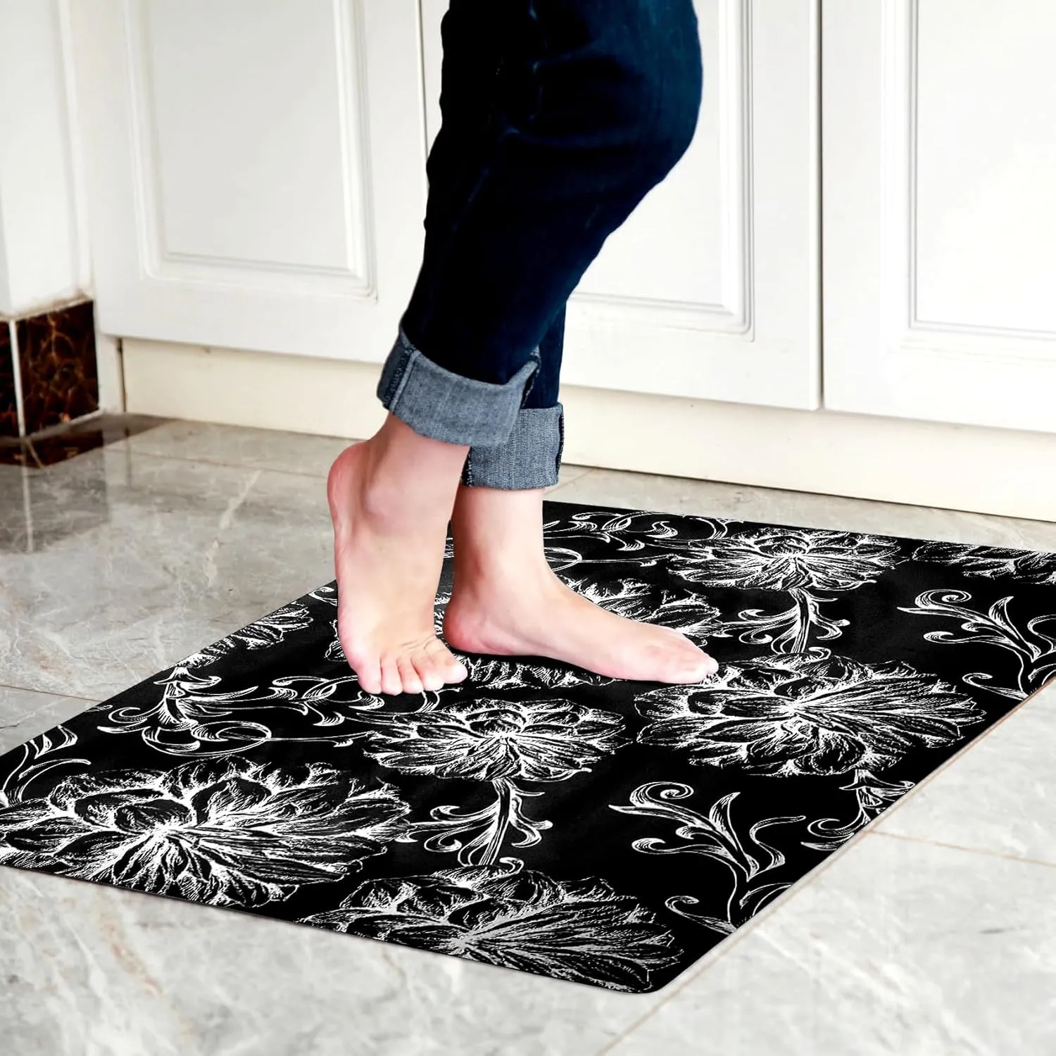 1/10 Inch Ultra Thin 24"×35" Large Front Door Mat Indoor Entrance Inside Non Slip, Waterproof Rubber Kitchen Mat and Interior Home Washable Door Mat, Baroque Black