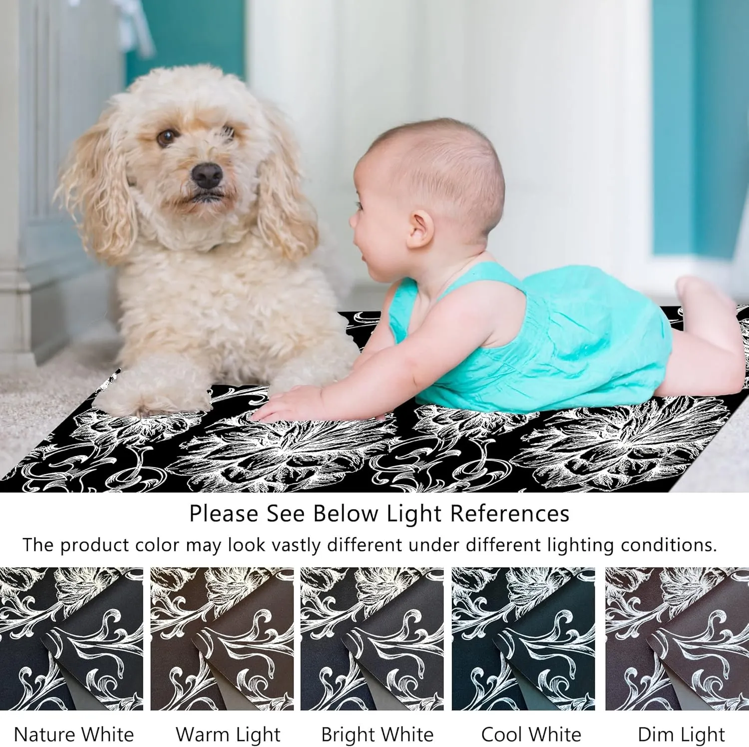1/10 Inch Ultra Thin 24"×35" Large Front Door Mat Indoor Entrance Inside Non Slip, Waterproof Rubber Kitchen Mat and Interior Home Washable Door Mat, Baroque Black