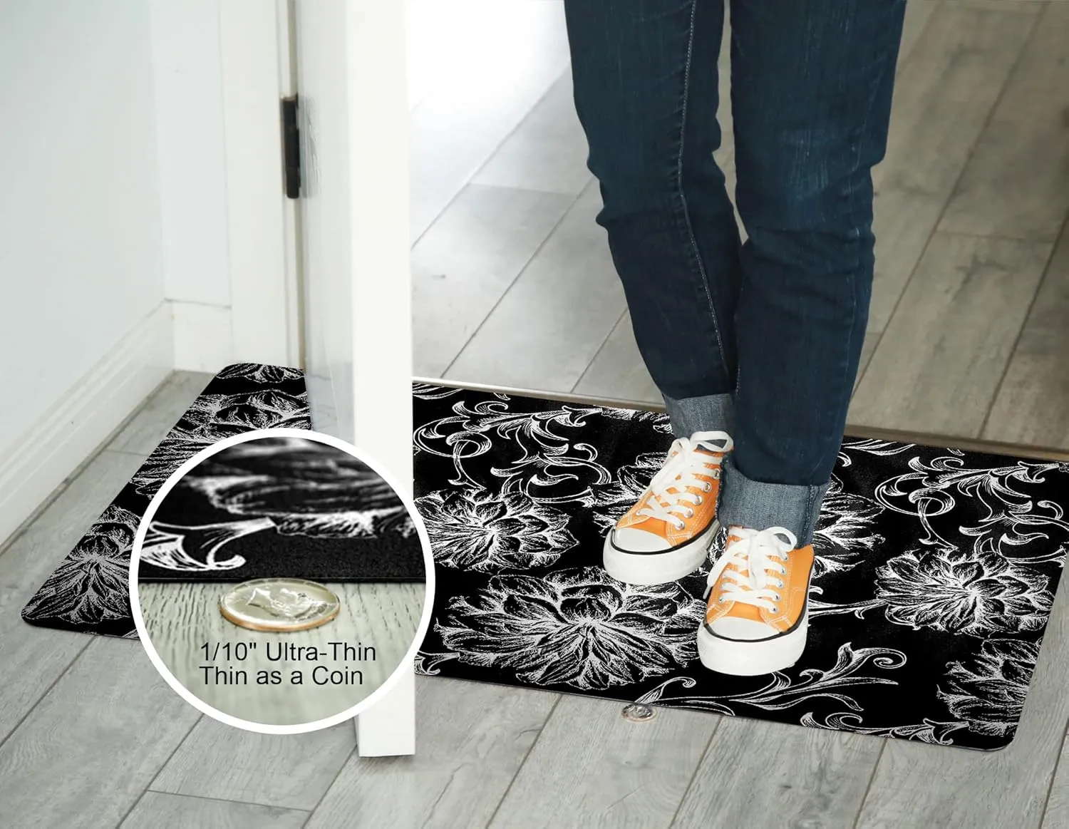 1/10 Inch Ultra Thin 24"×35" Large Front Door Mat Indoor Entrance Inside Non Slip, Waterproof Rubber Kitchen Mat and Interior Home Washable Door Mat, Baroque Black