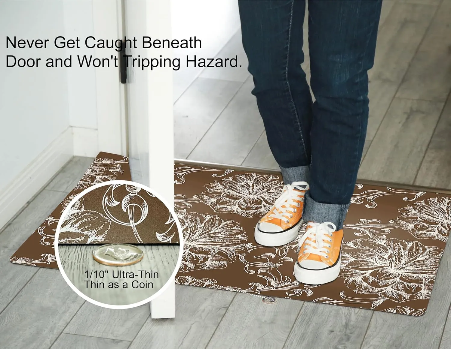 1/10 Inch Ultra Thin 24"×35" Large Front Door Mat Indoor Entrance Inside Non Slip, Waterproof Rubber Kitchen Mat and Interior Home Washable Door Mat, Baroque Brown