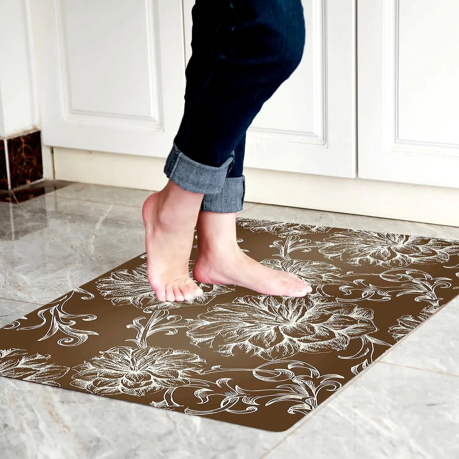 1/10 Inch Ultra Thin 24"×35" Large Front Door Mat Indoor Entrance Inside Non Slip, Waterproof Rubber Kitchen Mat and Interior Home Washable Door Mat, Baroque Brown