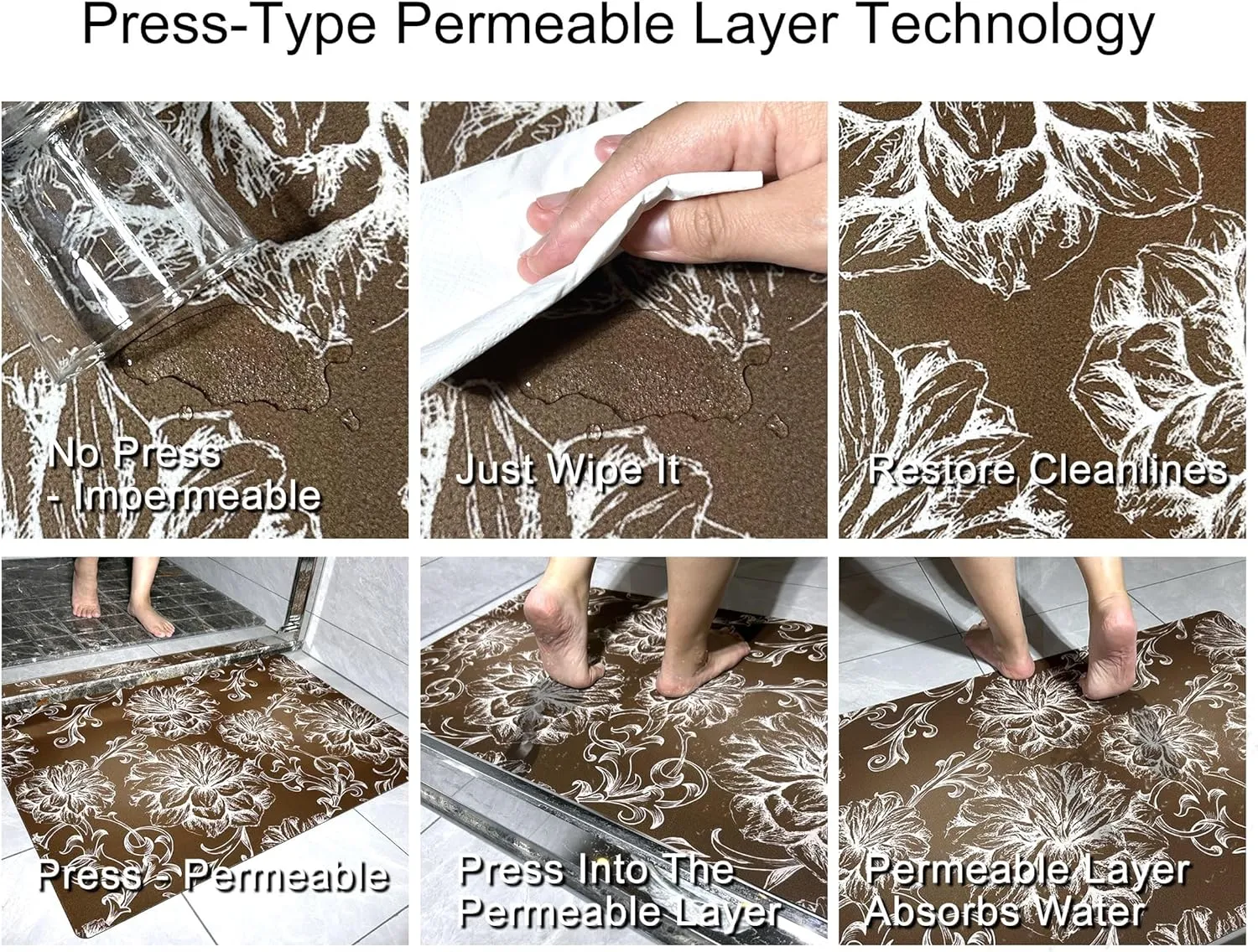 1/10 Inch Ultra Thin 24"×35" Large Front Door Mat Indoor Entrance Inside Non Slip, Waterproof Rubber Kitchen Mat and Interior Home Washable Door Mat, Baroque Brown