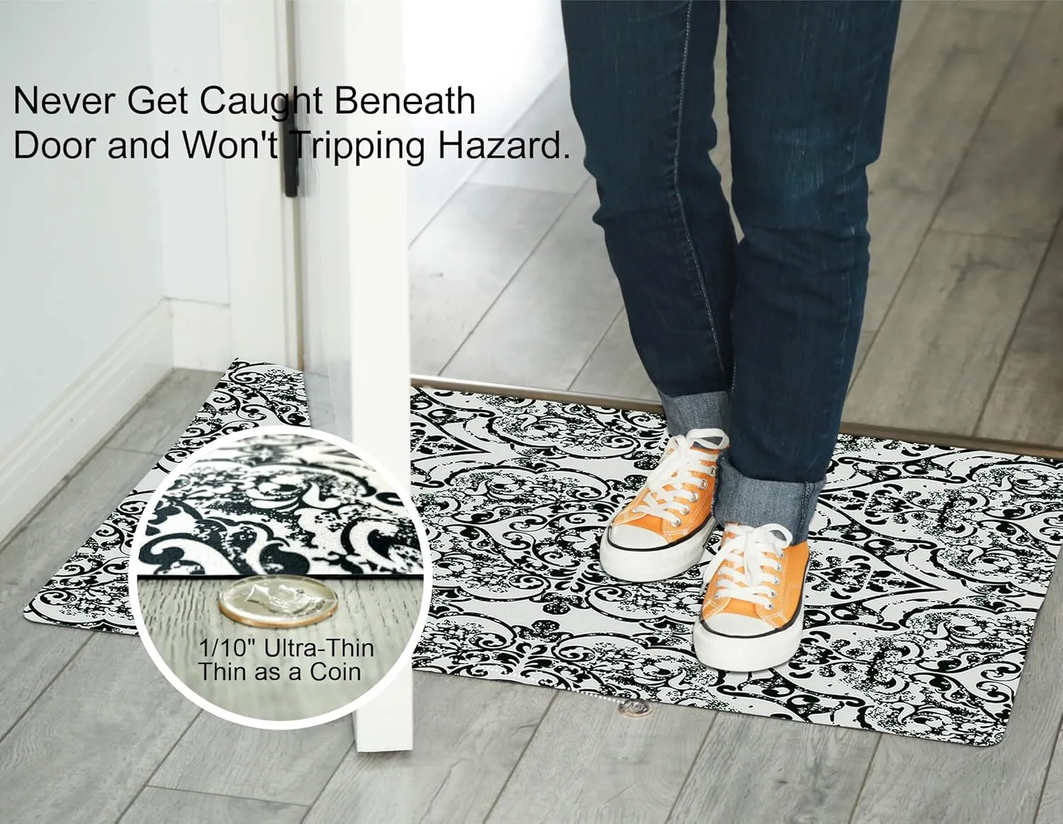 1/10 Inch Ultra Thin 24"×35" Large Front Door Mat Indoor Entrance Inside Non Slip, Waterproof Rubber Kitchen Mat and Interior Home Washable Door Mat, Boho Grey