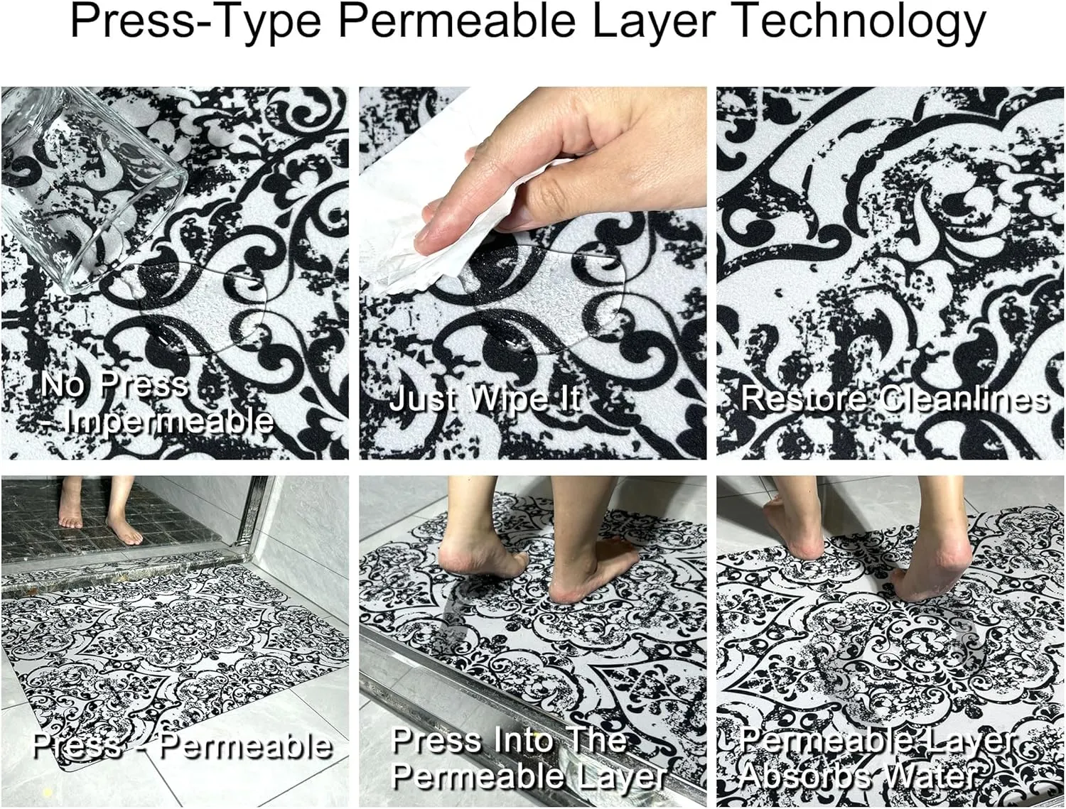 1/10 Inch Ultra Thin 24"×35" Large Front Door Mat Indoor Entrance Inside Non Slip, Waterproof Rubber Kitchen Mat and Interior Home Washable Door Mat, Boho Grey