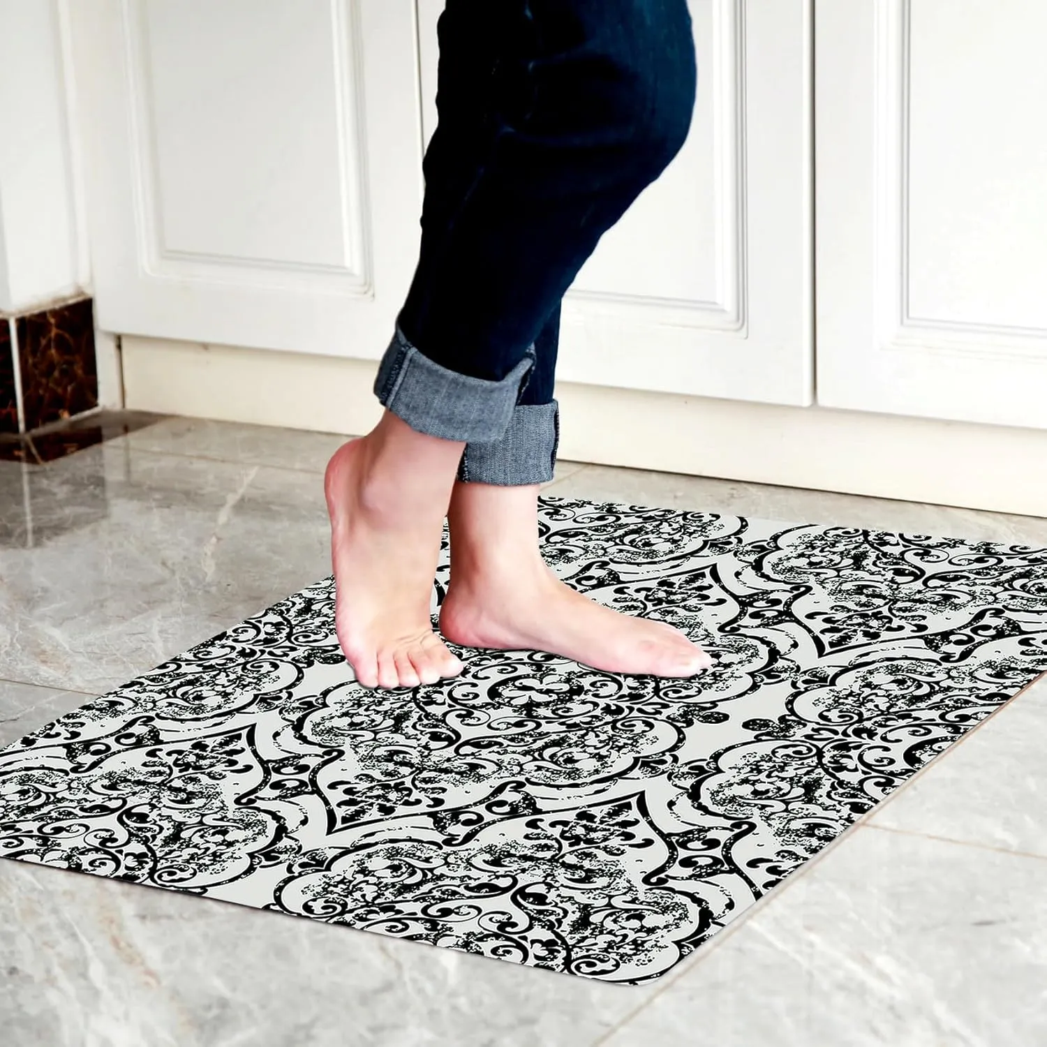 1/10 Inch Ultra Thin 24"×35" Large Front Door Mat Indoor Entrance Inside Non Slip, Waterproof Rubber Kitchen Mat and Interior Home Washable Door Mat, Boho Grey