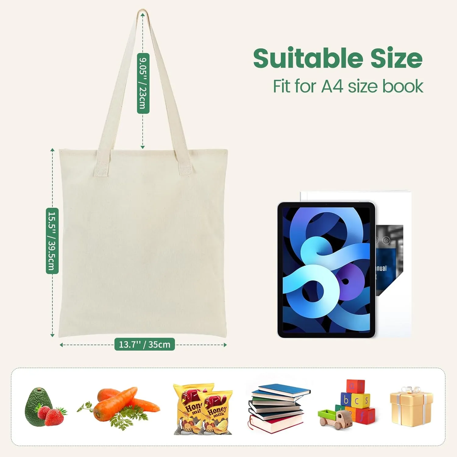 12 Pack Canvas Tote Bag - Lightweight Thin Tote Bags Bulk Blank Shopping Reusable Grocery Bags for DIY Gift Sublimation Activity - Beige