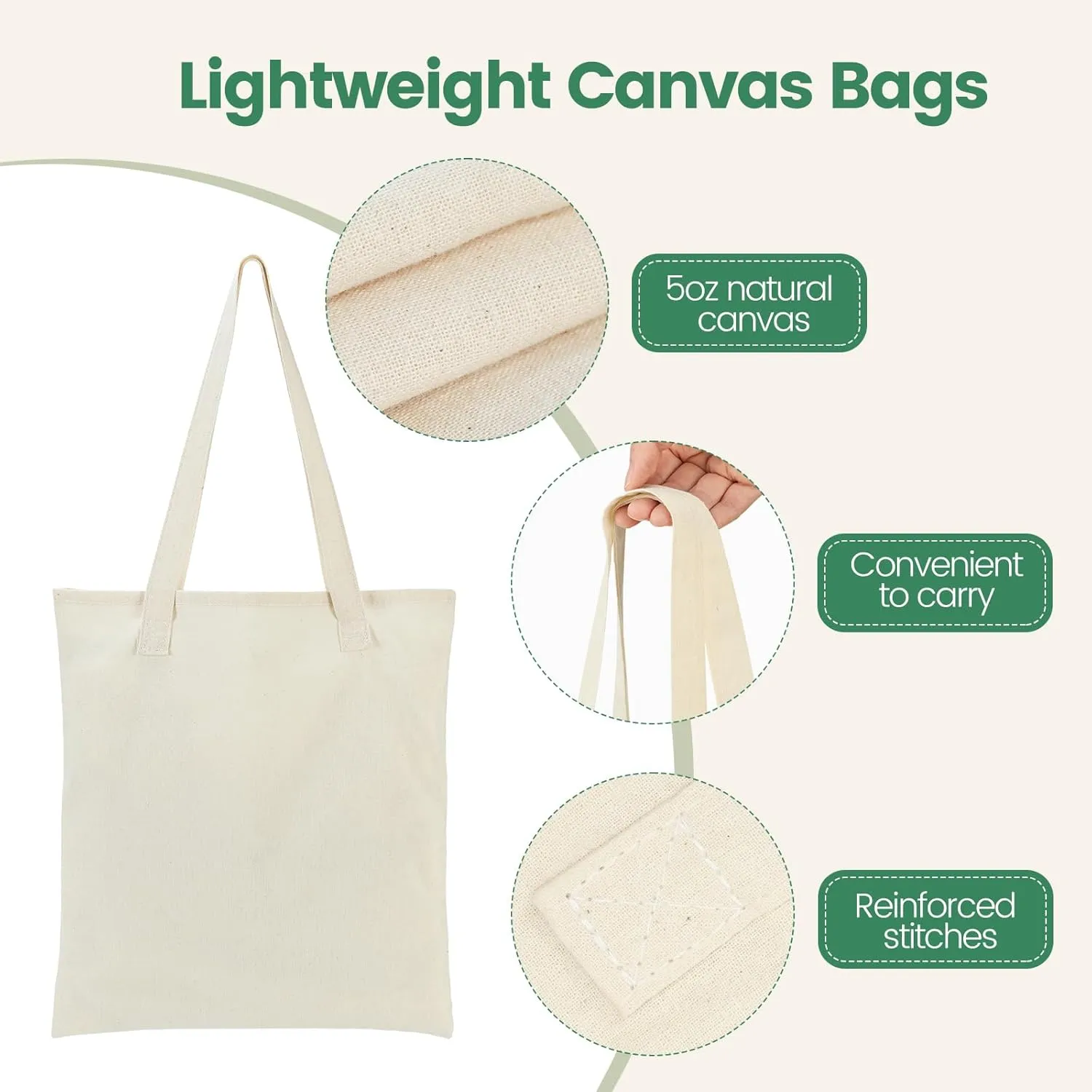 12 Pack Canvas Tote Bag - Lightweight Thin Tote Bags Bulk Blank Shopping Reusable Grocery Bags for DIY Gift Sublimation Activity - Beige