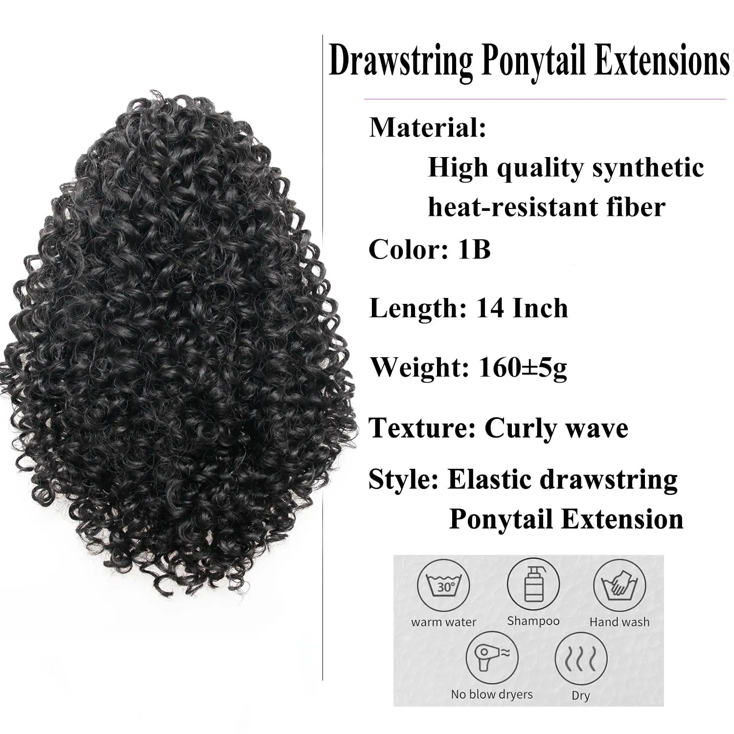 14 Inch Drawstring Ponytail Extension for Black Women, Curly Long Hair Ponytail, Natural Black Pony Tails Hair Extensions with Secure Fit for Easy Daily Wear(1B)