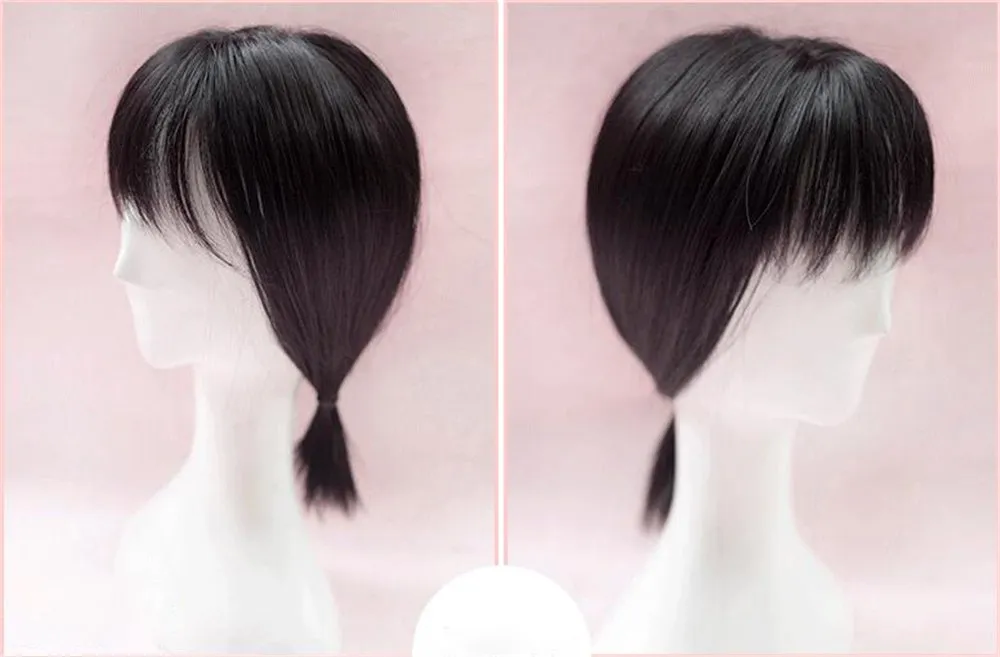 14" Straight Synthetic Fiber Top Hairpieces Clips in Hair Toppers with Irregularity Bangs (Black Thin)