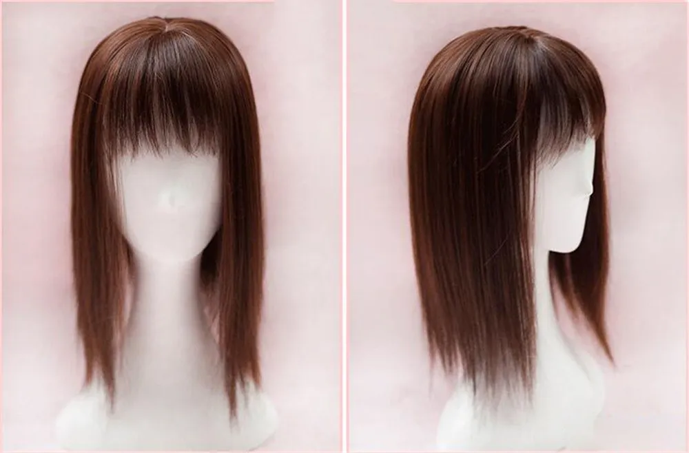 14" Straight Synthetic Fiber Top Hairpieces Clips in Hair Toppers with Irregularity Bangs (Black Thin)