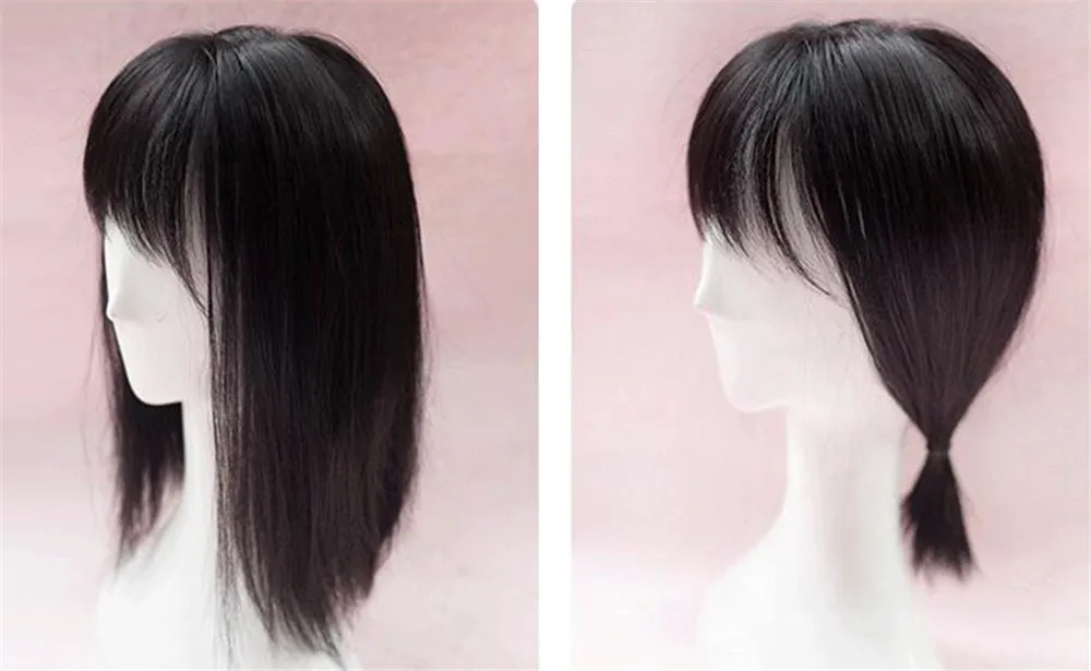 14" Straight Synthetic Fiber Top Hairpieces Clips in Hair Toppers with Irregularity Bangs (Black Thin)