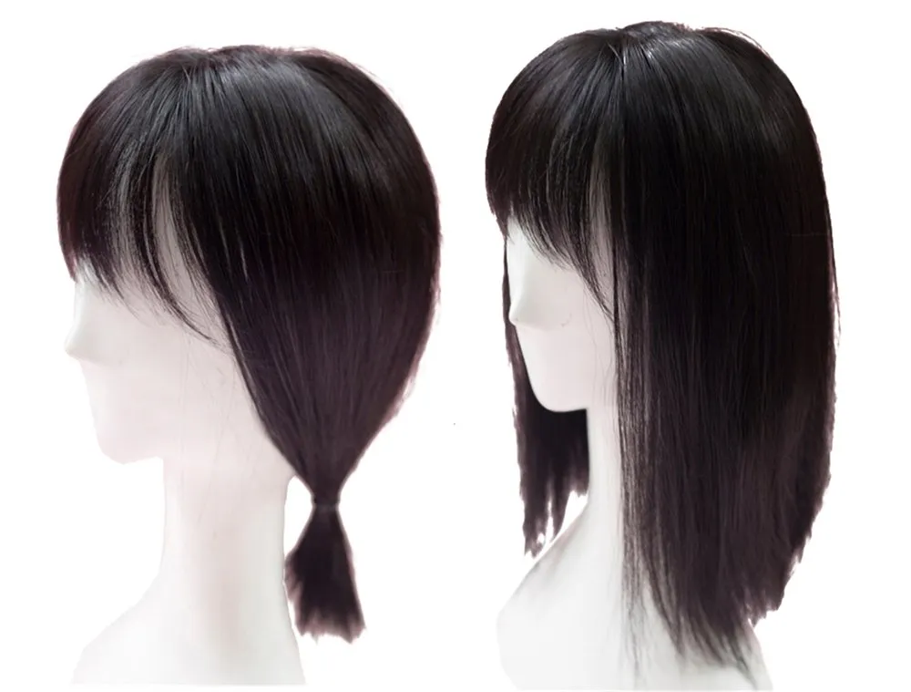 14" Straight Synthetic Fiber Top Hairpieces Clips in Hair Toppers with Irregularity Bangs (Black Thin)