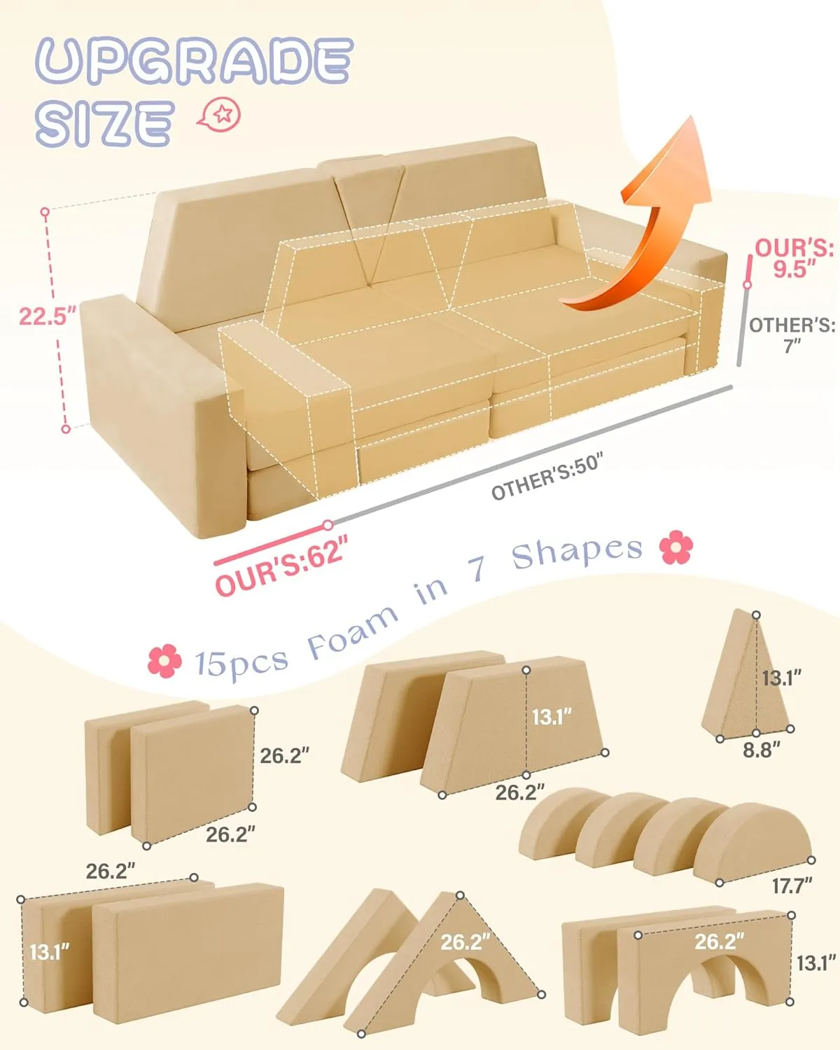 15pcs Modular Kids Play Couch, Kids Couch for Toddler & children, toddler couches, Kid Couches fort building kit for Playroom furniture, Kid Play Couches, Convertible Sofa for Boys & Girls, Flesh