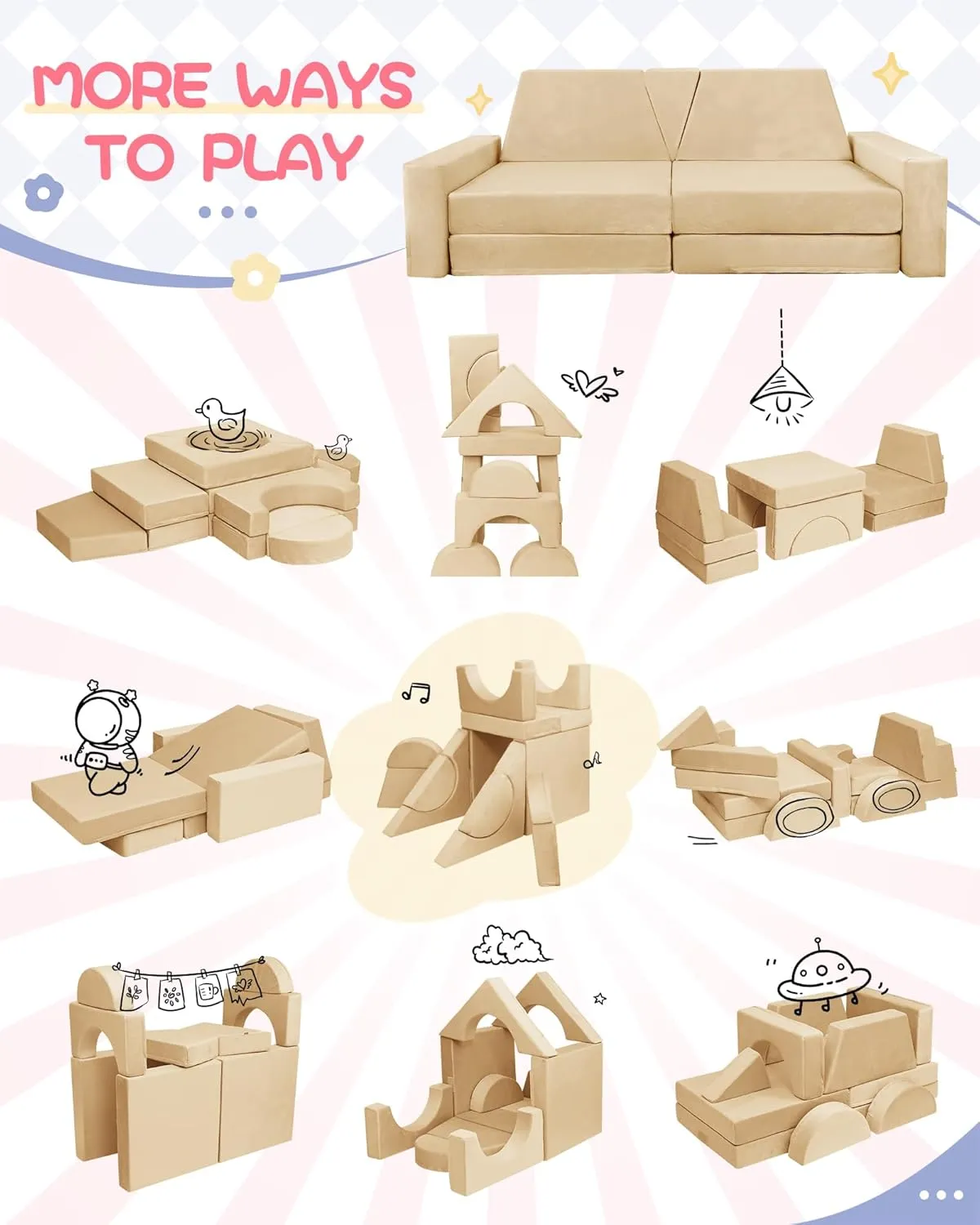 15pcs Modular Kids Play Couch, Kids Couch for Toddler & children, toddler couches, Kid Couches fort building kit for Playroom furniture, Kid Play Couches, Convertible Sofa for Boys & Girls, Flesh