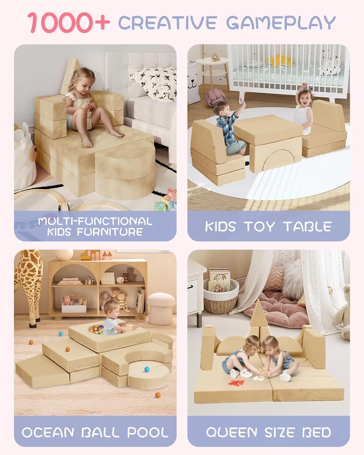 15pcs Modular Kids Play Couch, Kids Couch for Toddler & children, toddler couches, Kid Couches fort building kit for Playroom furniture, Kid Play Couches, Convertible Sofa for Boys & Girls, Flesh