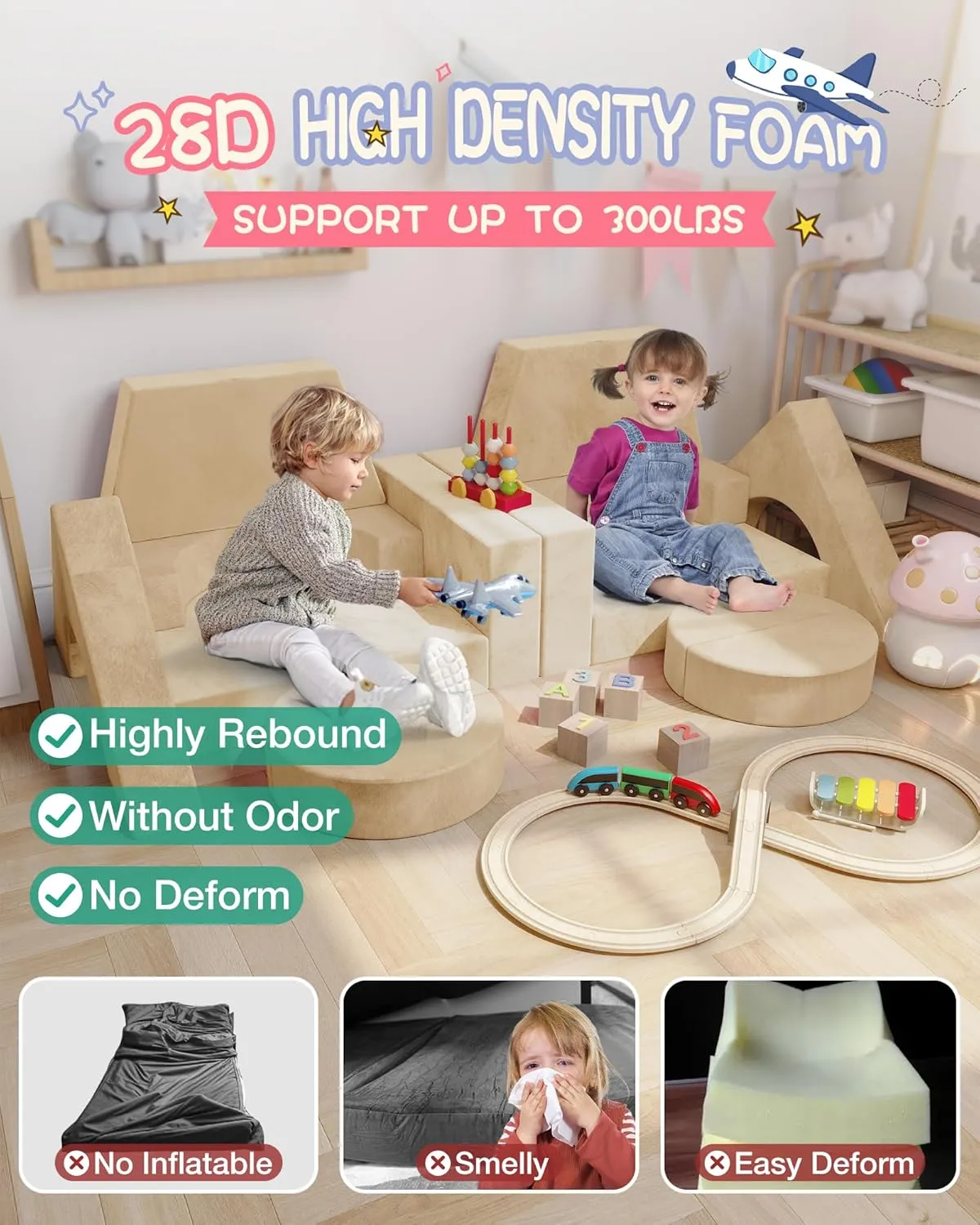 15pcs Modular Kids Play Couch, Kids Couch for Toddler & children, toddler couches, Kid Couches fort building kit for Playroom furniture, Kid Play Couches, Convertible Sofa for Boys & Girls, Flesh