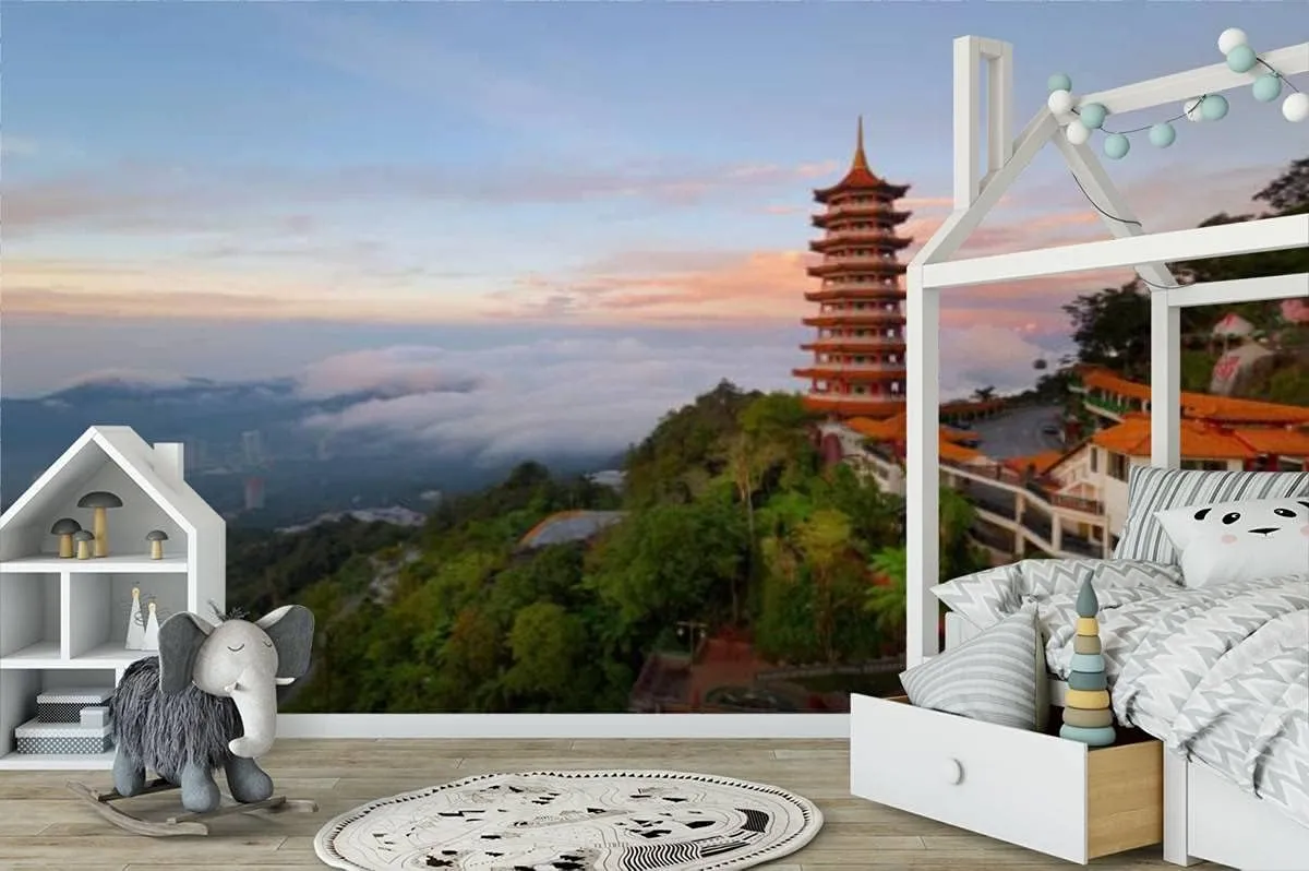 3D Wallpaper Beautiful Sunrise View at The Chinese Chin Swee Caves Temple in Self Adhesive Bedroom Living Room Dormitory Decor Wall Mural Stick and Peel Background Wall Ceiling Wardrobe Sticker