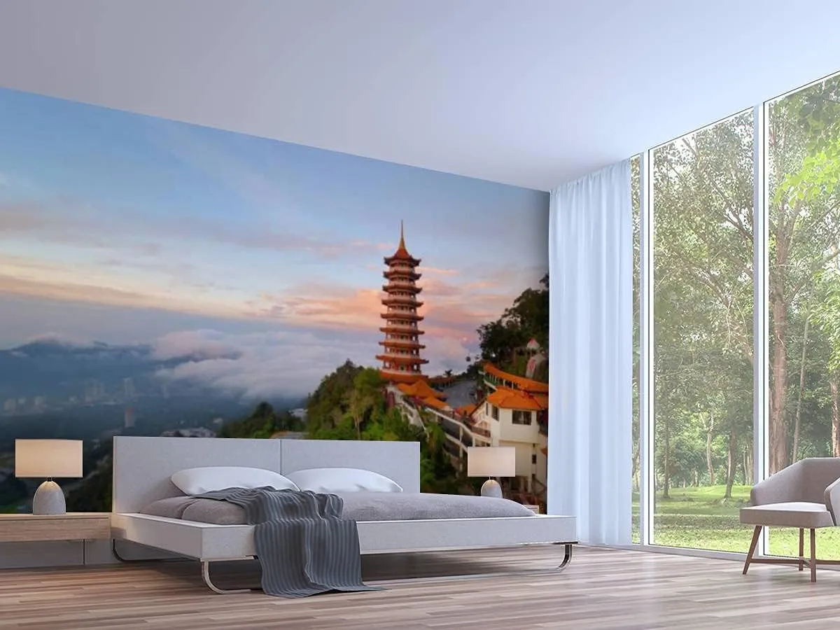 3D Wallpaper Beautiful Sunrise View at The Chinese Chin Swee Caves Temple in Self Adhesive Bedroom Living Room Dormitory Decor Wall Mural Stick and Peel Background Wall Ceiling Wardrobe Sticker
