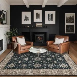 5x7 Area Rugs for Living Room Bedroom, Large Washable Rug, Black Vintage Floral Boho Rug, Non Slip & Low Pile Faux Wool Thin Carpet for Indoor Dining Room and Kids Room(Black 5x7ft)