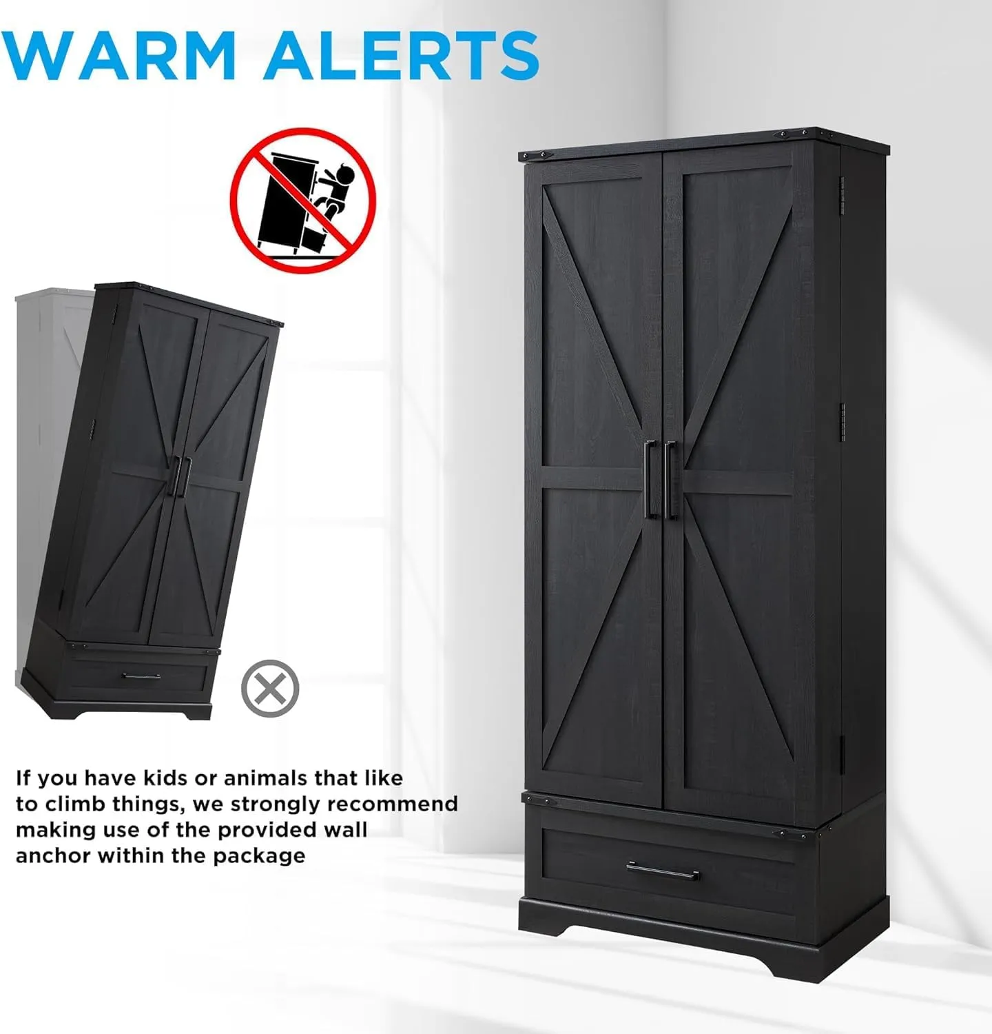 72" Farmhouse Kitchen Pantry Cabinet with Drawer, Tall Storage Cabinet with 2 Barn Doors and Shelves, Versatile Large Rustic Cabinet for Dining Room, Bathroom, Living Room, Black