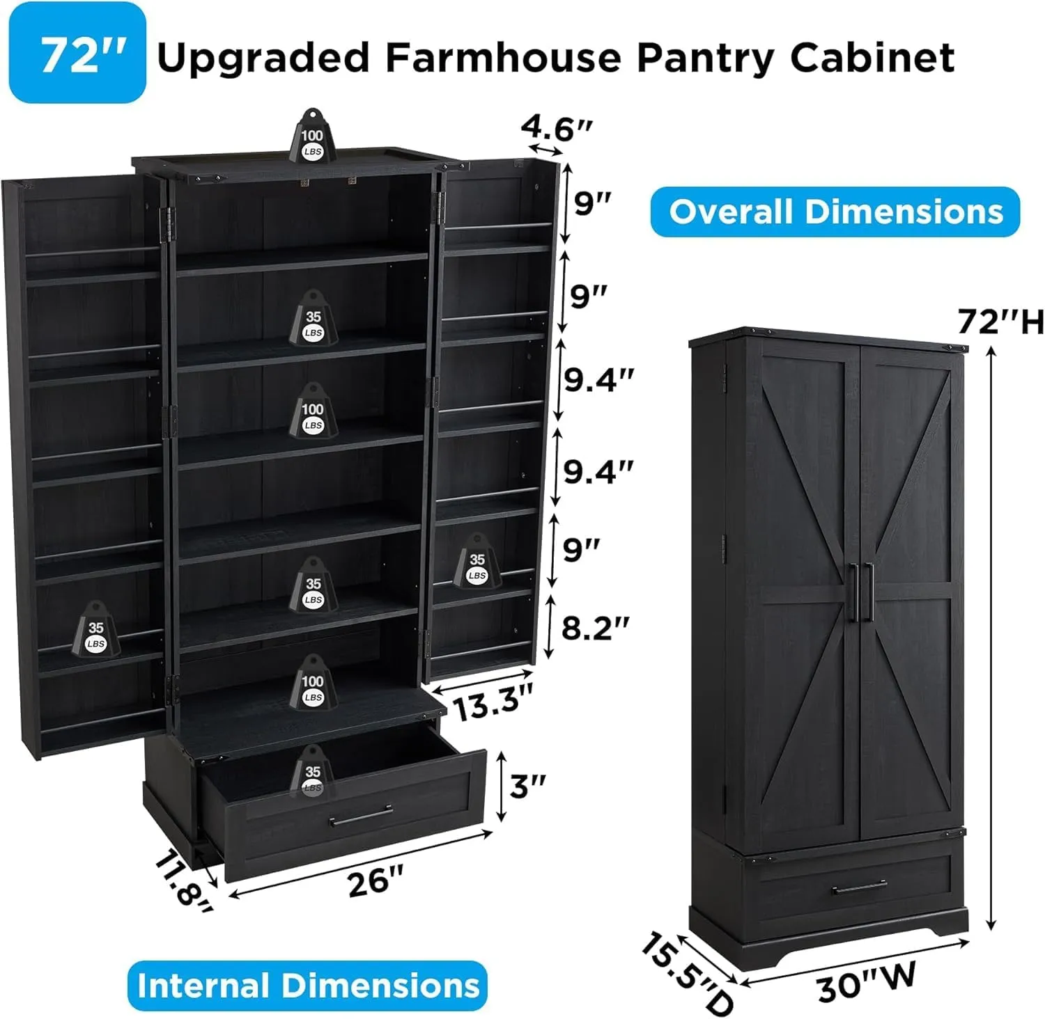 72" Farmhouse Kitchen Pantry Cabinet with Drawer, Tall Storage Cabinet with 2 Barn Doors and Shelves, Versatile Large Rustic Cabinet for Dining Room, Bathroom, Living Room, Black