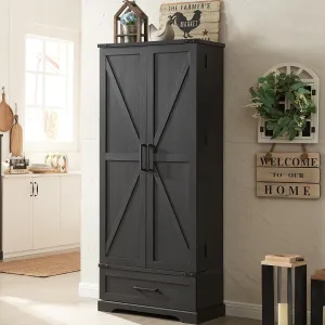 72" Farmhouse Kitchen Pantry Cabinet with Drawer, Tall Storage Cabinet with 2 Barn Doors and Shelves, Versatile Large Rustic Cabinet for Dining Room, Bathroom, Living Room, Black