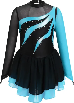 AFAVOM Figure Skating Dress for Girls Long Sleeve Mesh Rhinestones Ice Skating Dresses Ballet Leotard Competition Dancewear
