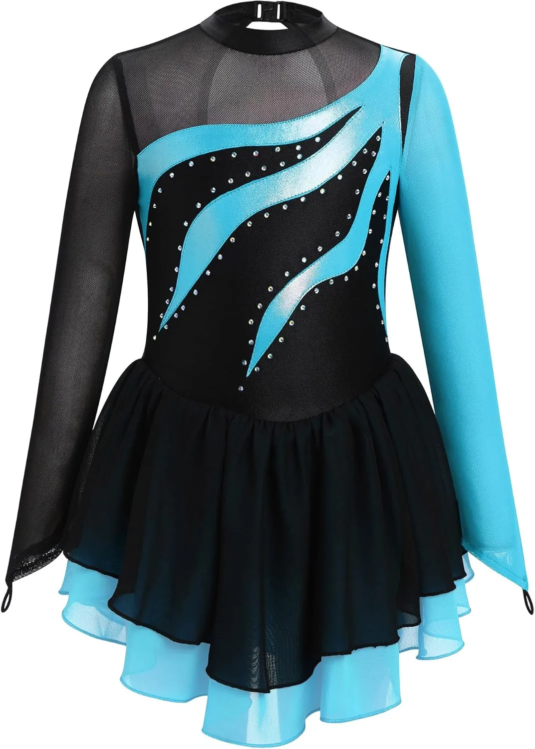 AFAVOM Figure Skating Dress for Girls Long Sleeve Mesh Rhinestones Ice Skating Dresses Ballet Leotard Competition Dancewear