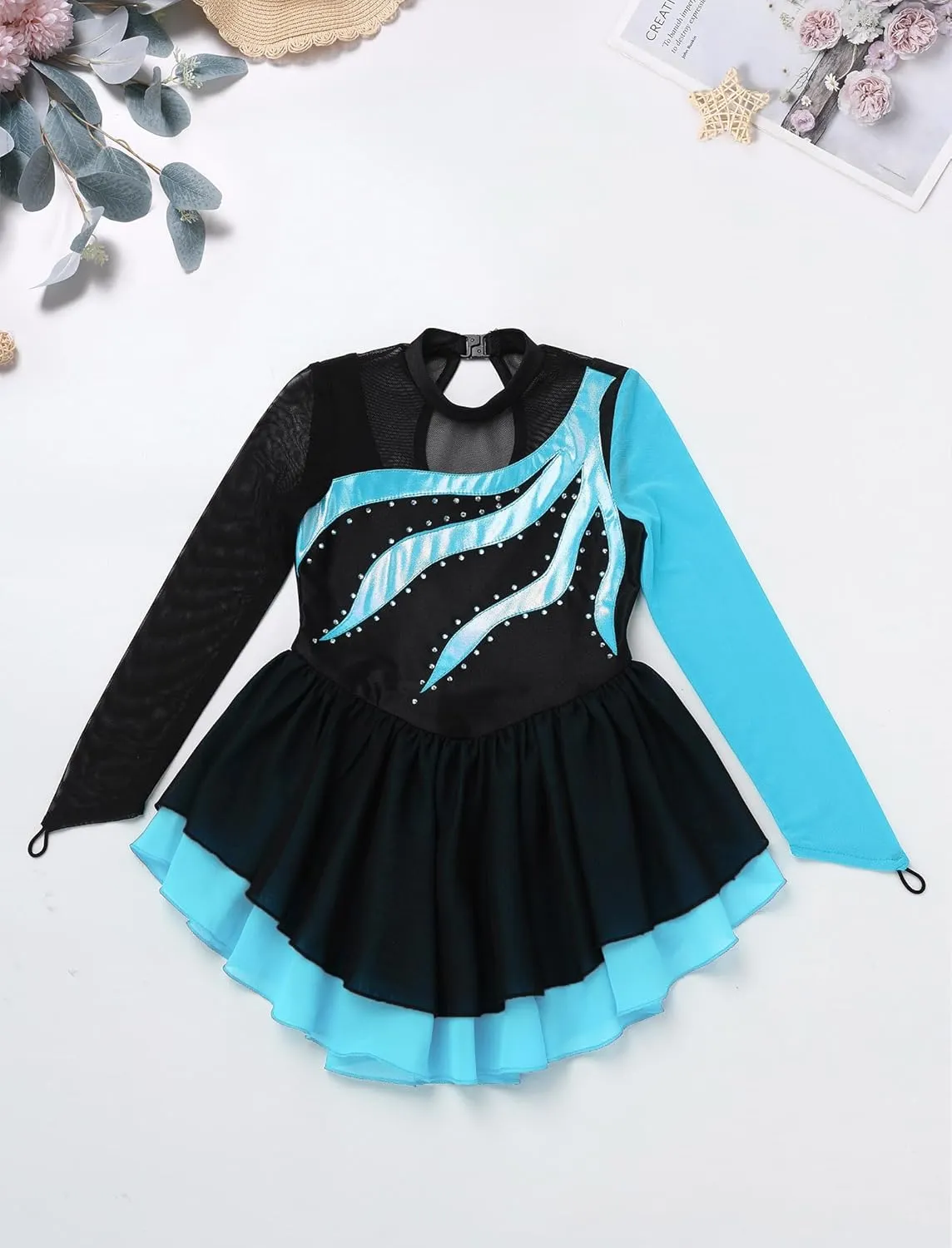 AFAVOM Figure Skating Dress for Girls Long Sleeve Mesh Rhinestones Ice Skating Dresses Ballet Leotard Competition Dancewear