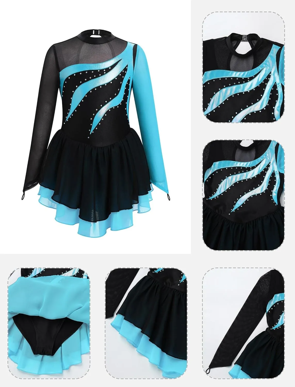 AFAVOM Figure Skating Dress for Girls Long Sleeve Mesh Rhinestones Ice Skating Dresses Ballet Leotard Competition Dancewear