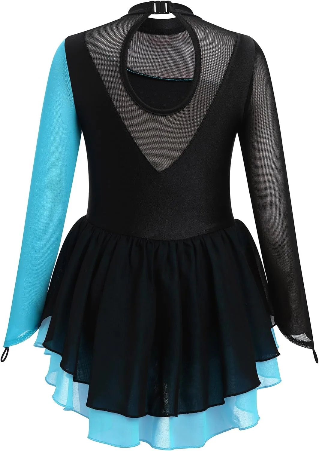 AFAVOM Figure Skating Dress for Girls Long Sleeve Mesh Rhinestones Ice Skating Dresses Ballet Leotard Competition Dancewear