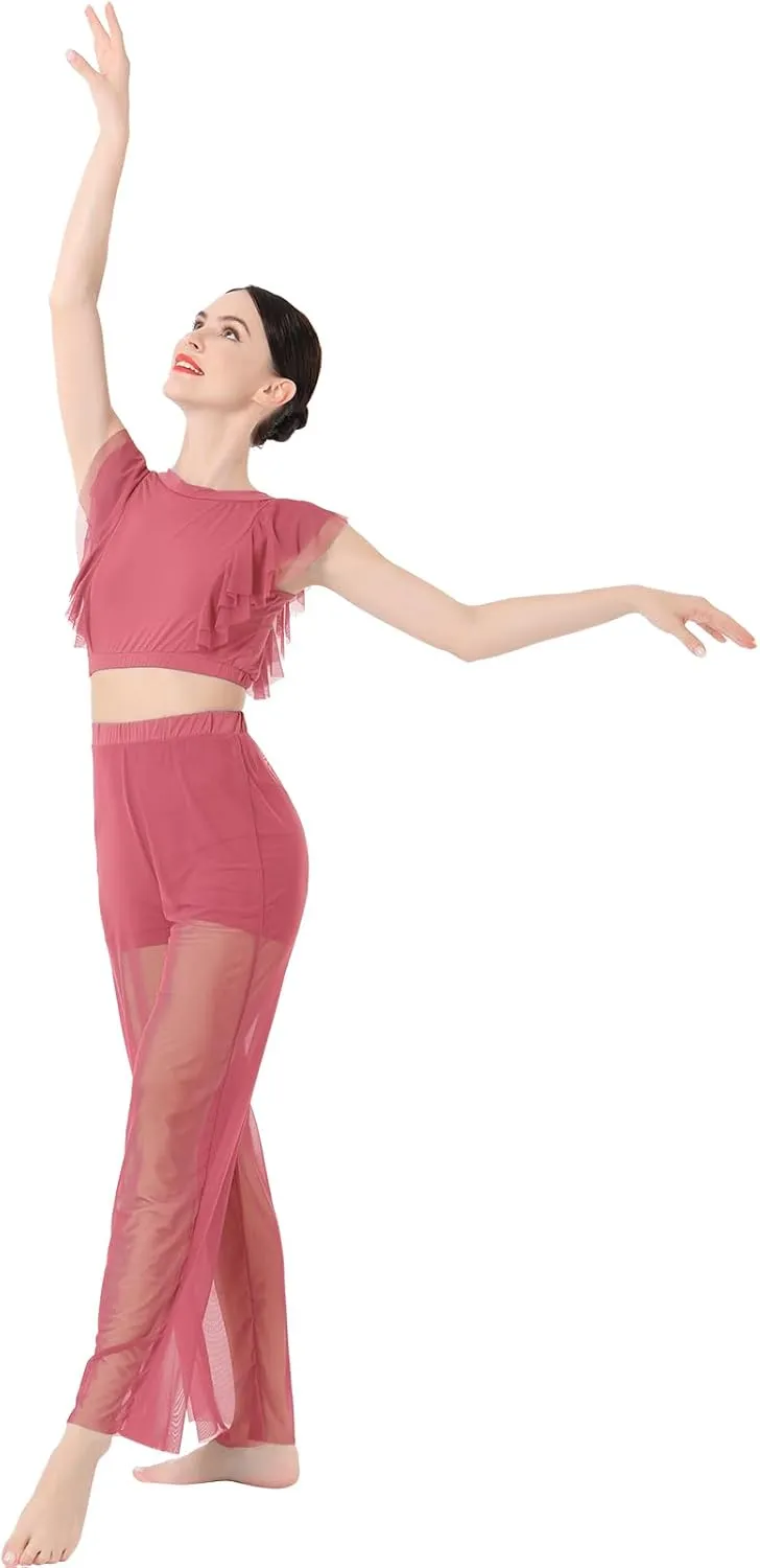 AFAVOM Lyrical Dance Dress for Women Modern Contemporary Dance Costume Chiffon Crop Top   Mesh Pants Ballet Leotard Outfit