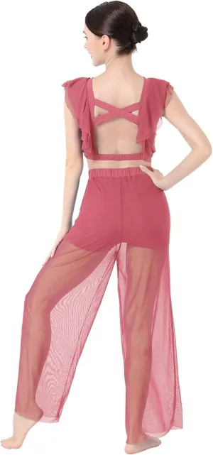 AFAVOM Lyrical Dance Dress for Women Modern Contemporary Dance Costume Chiffon Crop Top   Mesh Pants Ballet Leotard Outfit