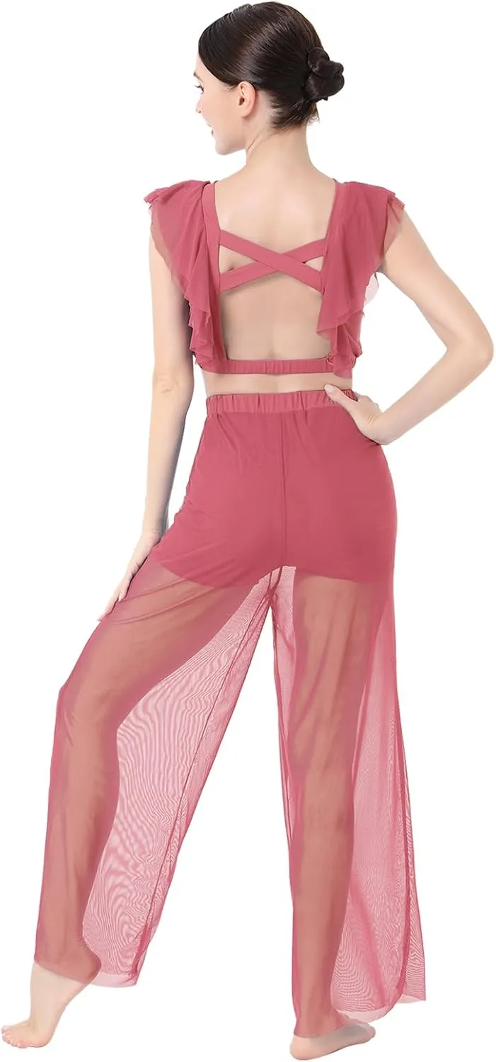 AFAVOM Lyrical Dance Dress for Women Modern Contemporary Dance Costume Chiffon Crop Top   Mesh Pants Ballet Leotard Outfit