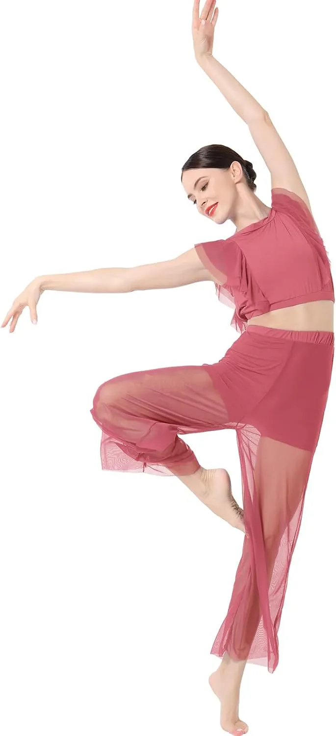 AFAVOM Lyrical Dance Dress for Women Modern Contemporary Dance Costume Chiffon Crop Top   Mesh Pants Ballet Leotard Outfit