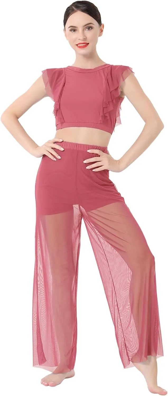 AFAVOM Lyrical Dance Dress for Women Modern Contemporary Dance Costume Chiffon Crop Top   Mesh Pants Ballet Leotard Outfit