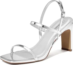 ALICEPUB Women's Chunky Block Heels Strappy Heels Square Open Toe Heeled Sandals Short Heels Comfortable Dressy Shoes Wedding Bridal Party