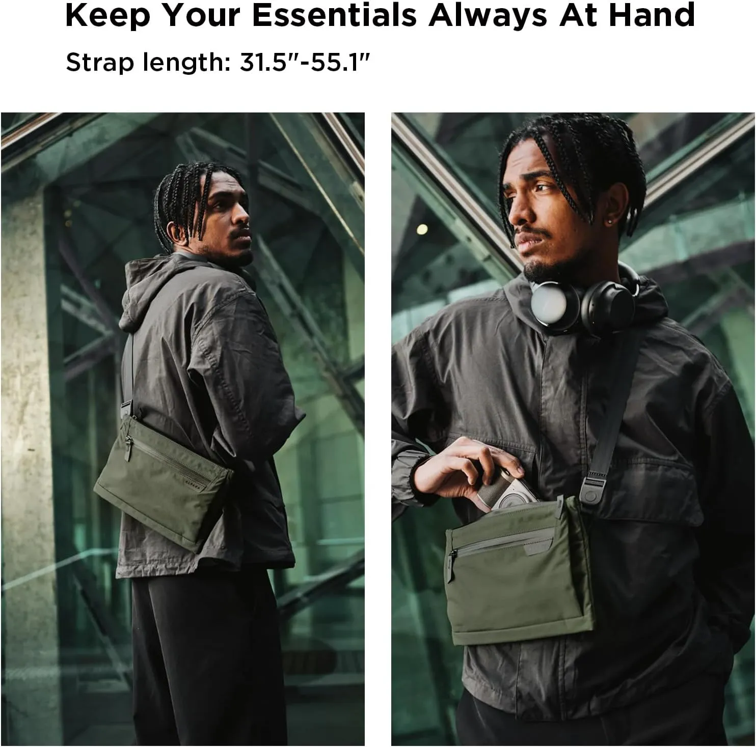 ALPAKA Zip Pouch Max V2-210D Water-resistant Fabric, Front Zip Pocket, Weatherproof YKK Zippers - Mens Sling Bag fits iPad Mini, iPhone Pro Max, Passport Holder for Family Travel - Green