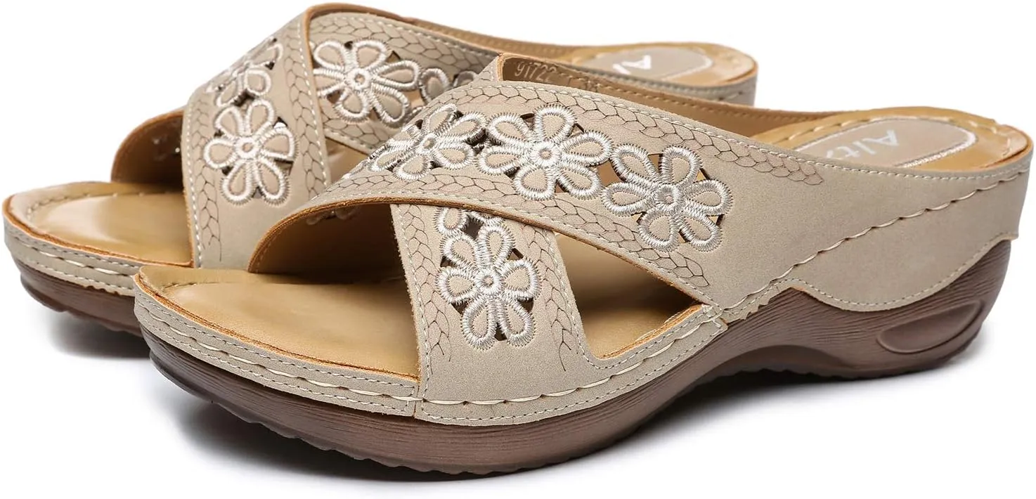 Altxic Women's Open Toe Crisscross Woven Comfy Casual Slip On Casual Walking Sport Slide Sandals With Adjustable Buckle Strap Summer Beach Shoe