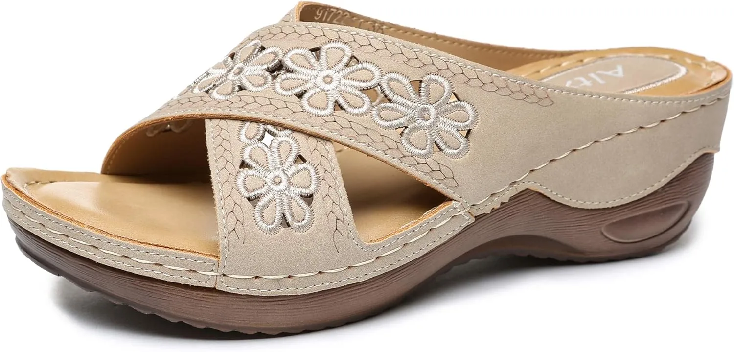 Altxic Women's Open Toe Crisscross Woven Comfy Casual Slip On Casual Walking Sport Slide Sandals With Adjustable Buckle Strap Summer Beach Shoe