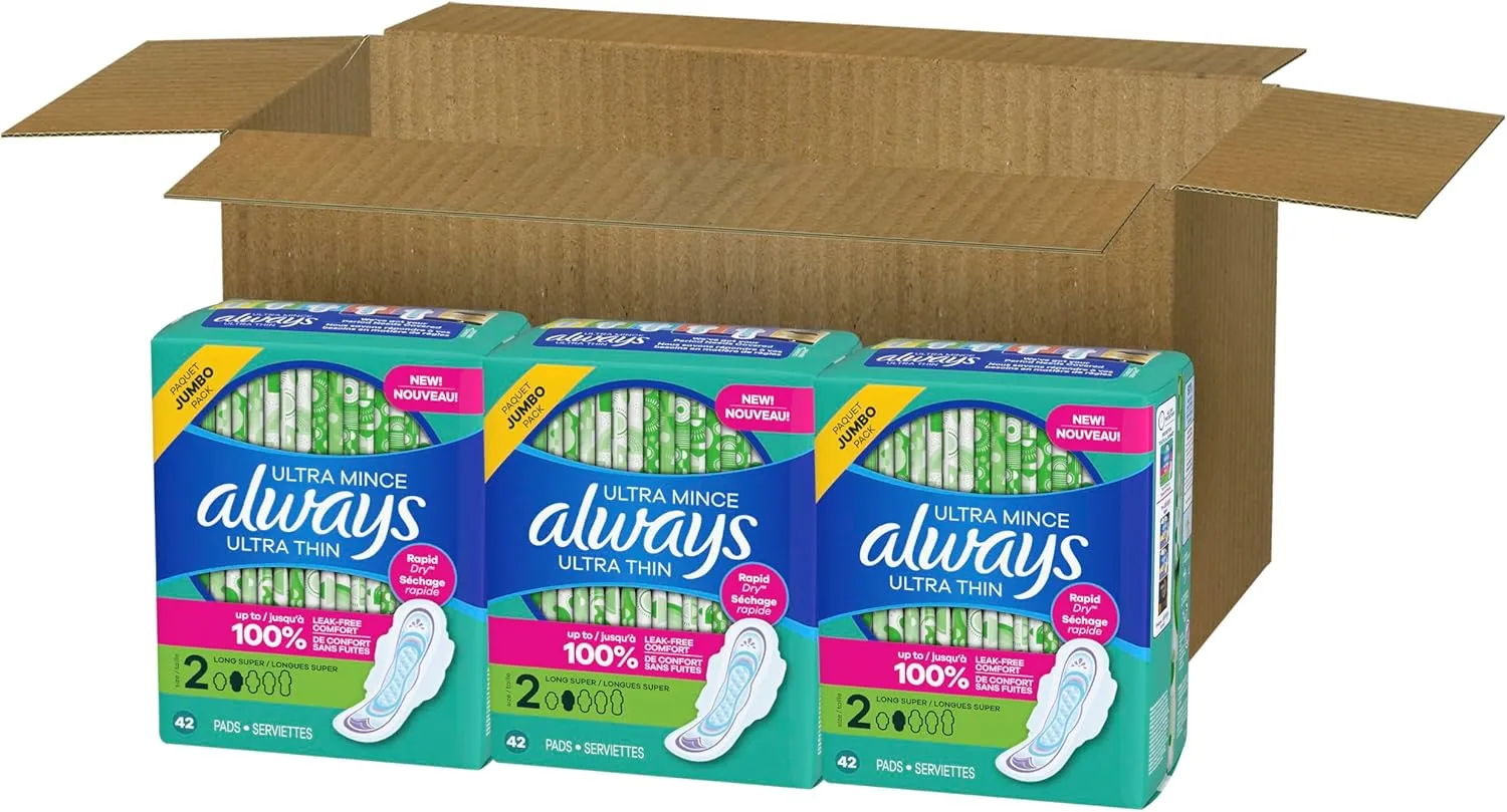 Always Ultra Thin Feminine Pads with Wings for Women, Super Absorbency, Unscented, Size 2, 126 Count
