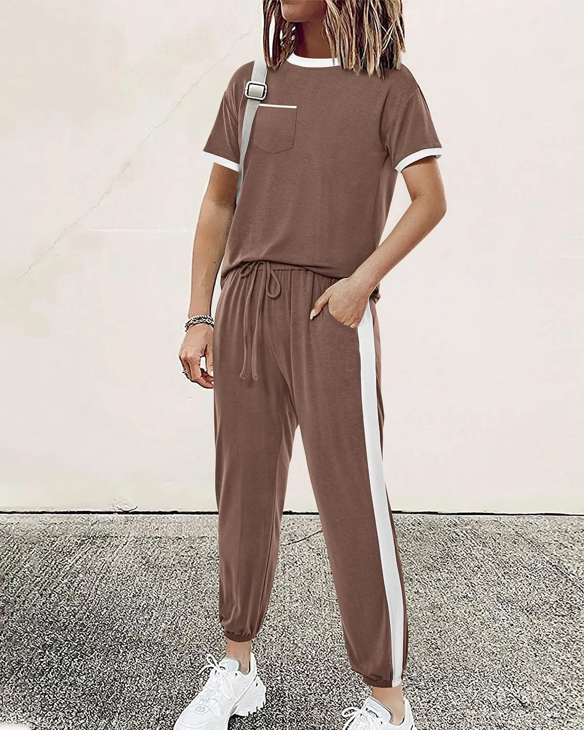 Amkoyam Women's Two Piece Outfits 2025 Summer Short Sleeve Tops With Drawstring Long Pants Tracksuit Jogger Lounge Set